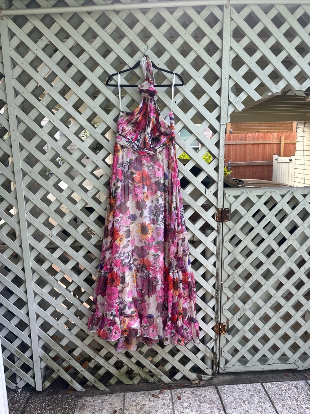 MAC DUGGAL Multicolor Asymmetrical Ruffled Halter Floral Gown - Picture 4 of 7